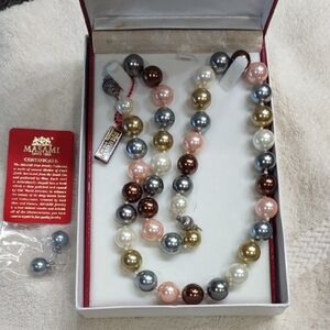 Multicolor Pearl Necklace And Earrings Large Pink Brown Gray Nib